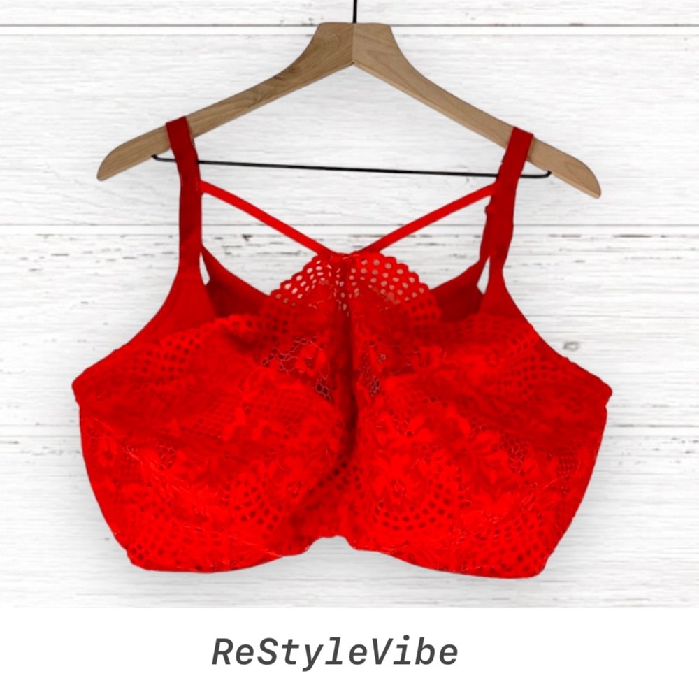 CACIQUE Bra Size 44F Underwire High Neck Lace French Balconette Style Red